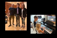 two pictures of a man and a woman standing next to a piano